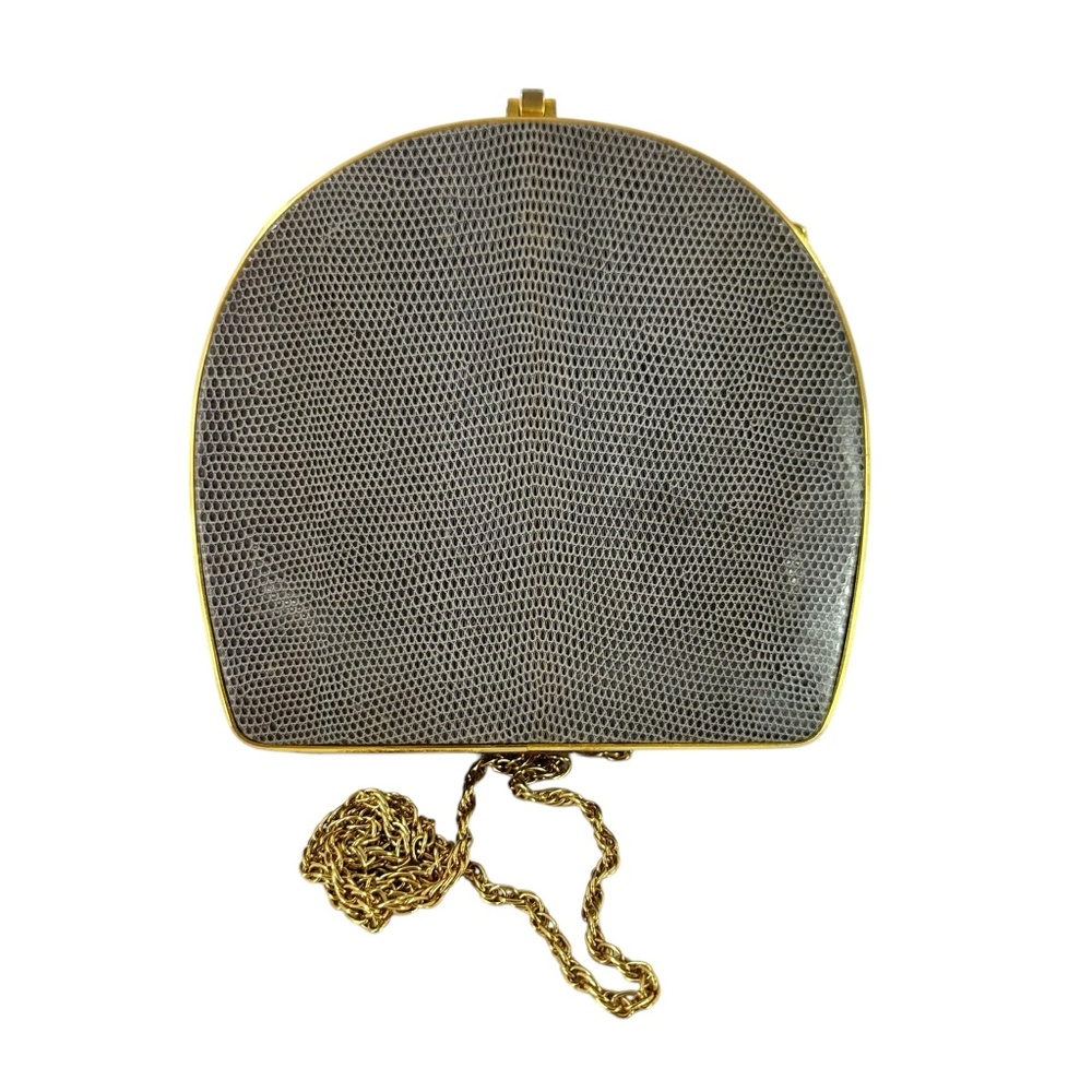 Vintage genuine LEATHER SCHOOL grey lizard round bag with gold chain link clutch